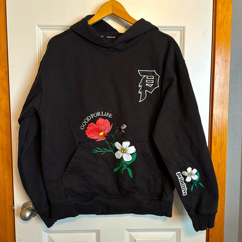 Primitive embroidered black hooded sweatshirt